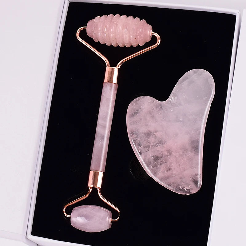 Rose Quartz Facial Roller & Gua Sha Set – Natural Stone Lymphatic Massage Tool