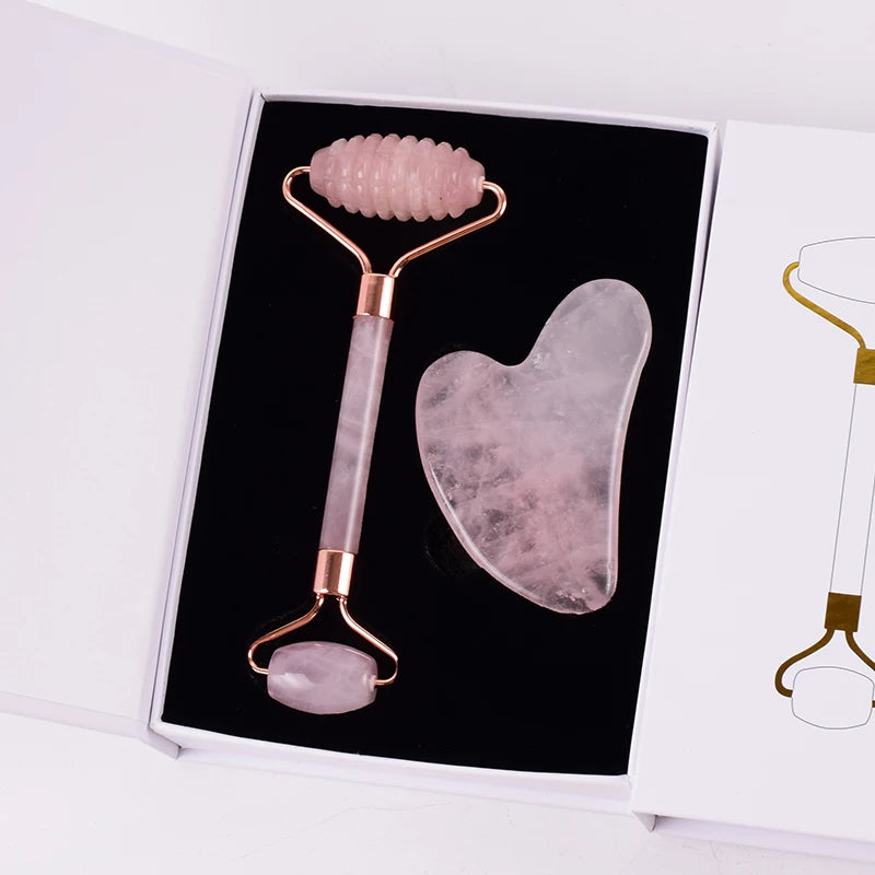 Rose Quartz Facial Roller & Gua Sha Set – Natural Stone Lymphatic Massage Tool