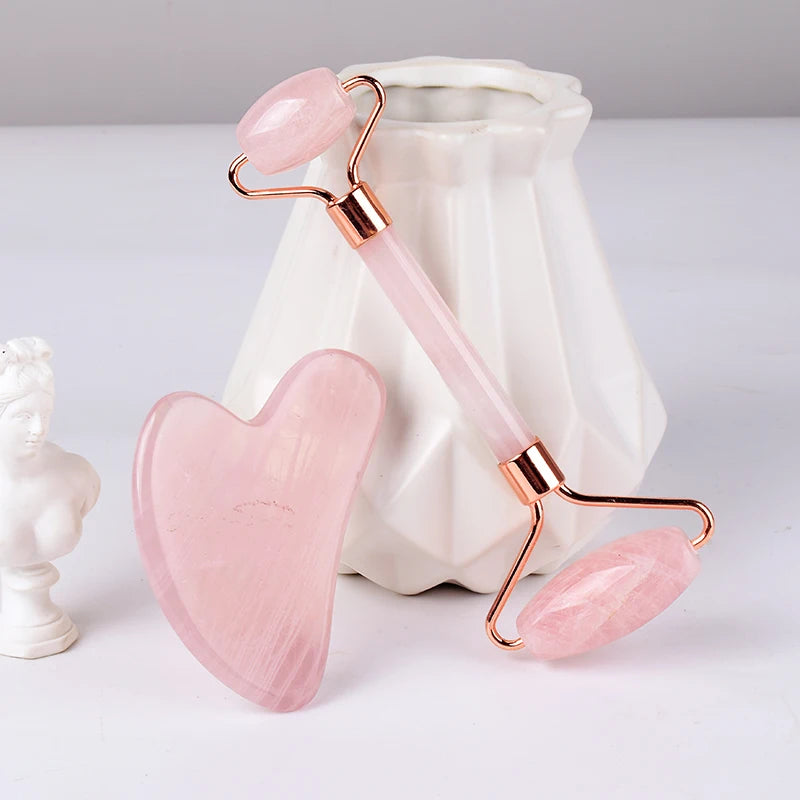 Rose Quartz Facial Roller & Gua Sha Set – Natural Stone Lymphatic Massage Tool