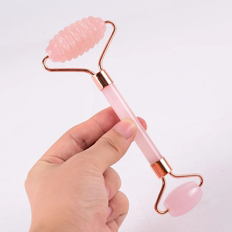 Rose Quartz Facial Roller & Gua Sha Set – Natural Stone Lymphatic Massage Tool