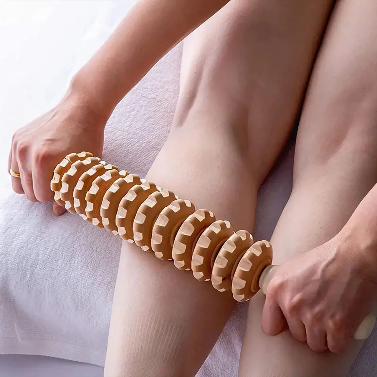 Wooden Body Massage Roller — 12-Wheel Muscle Relief Tool for Legs, Back & Arms
