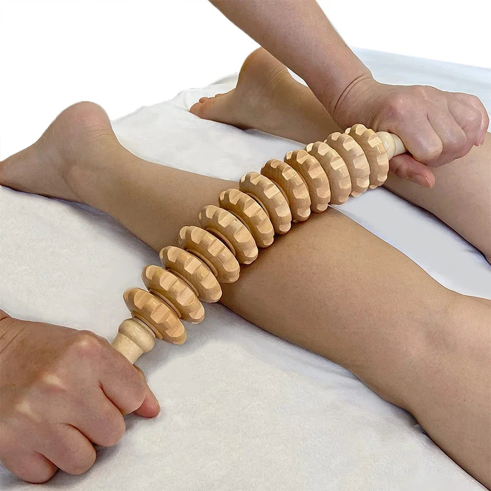 Wooden Body Massage Roller — 12-Wheel Muscle Relief Tool for Legs, Back & Arms