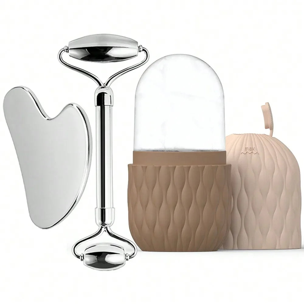 Ice Roller & Stainless Steel Gua Sha Set — Facial Sculpting & De-Puffing Tool