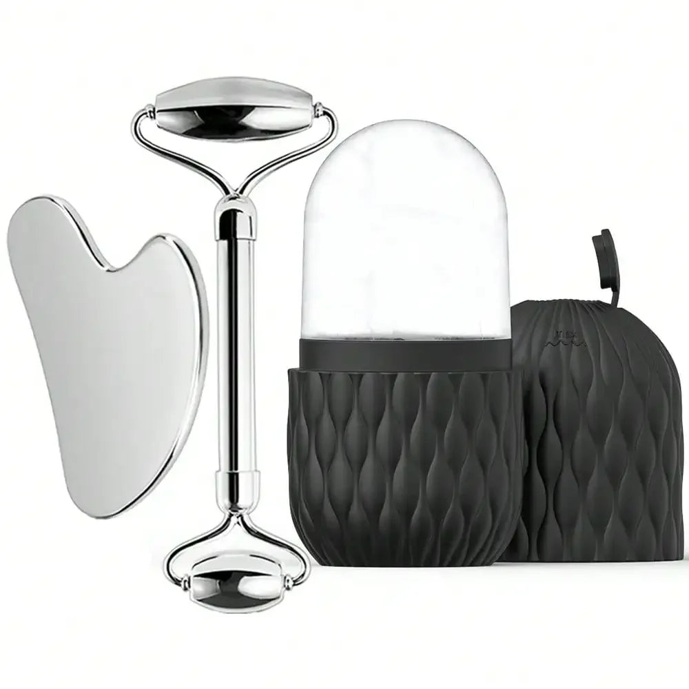 Ice Roller & Stainless Steel Gua Sha Set — Facial Sculpting & De-Puffing Tool