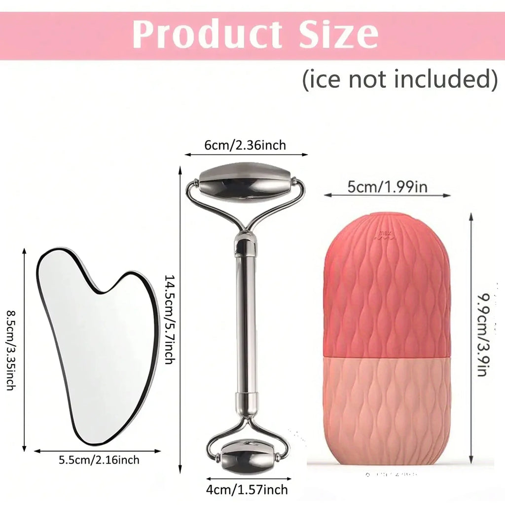 Ice Roller & Stainless Steel Gua Sha Set — Facial Sculpting & De-Puffing Tool