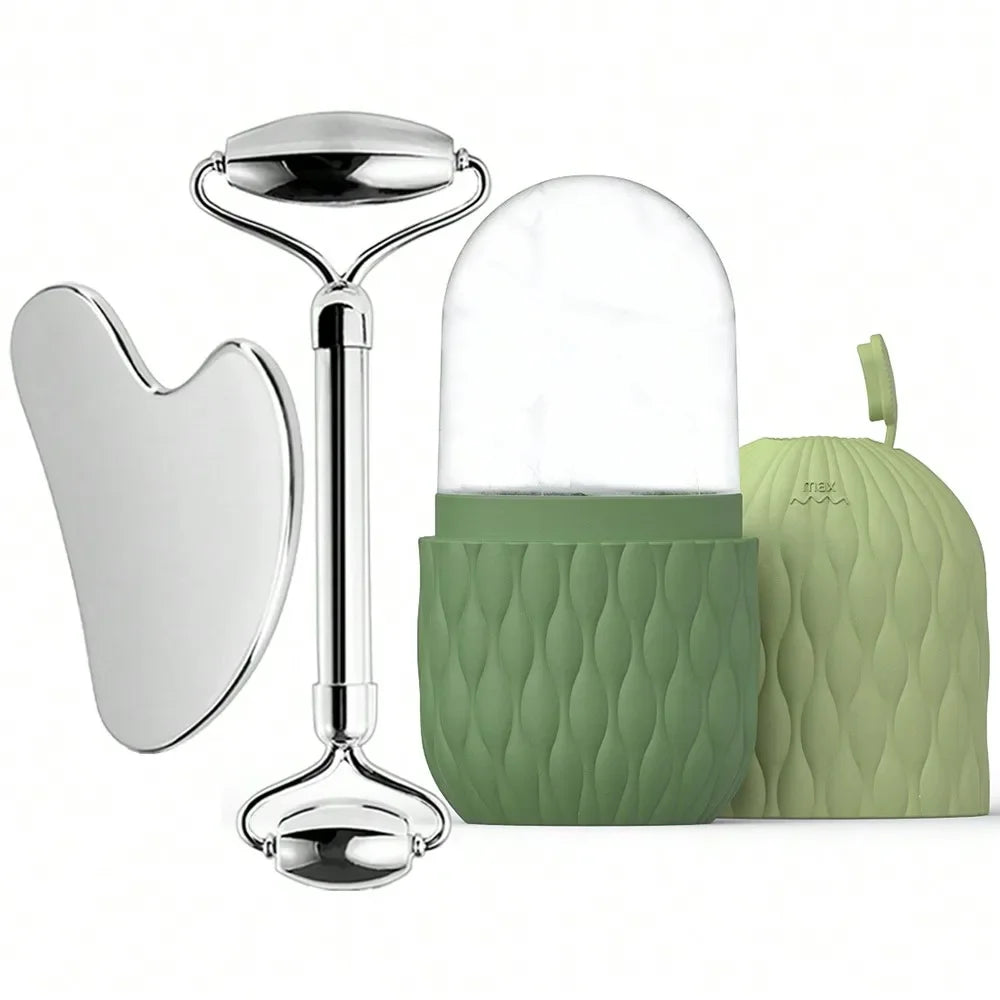Ice Roller & Stainless Steel Gua Sha Set — Facial Sculpting & De-Puffing Tool