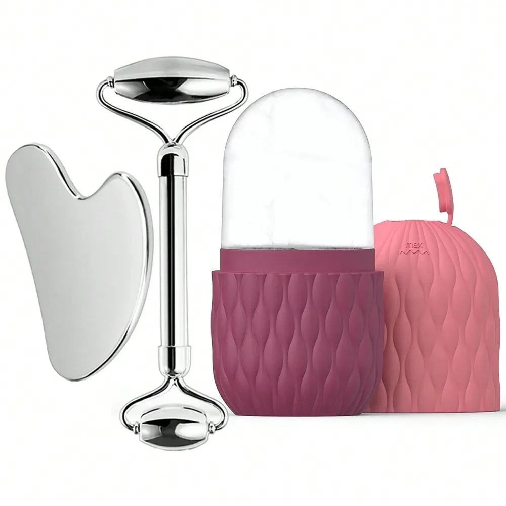Ice Roller & Stainless Steel Gua Sha Set — Facial Sculpting & De-Puffing Tool