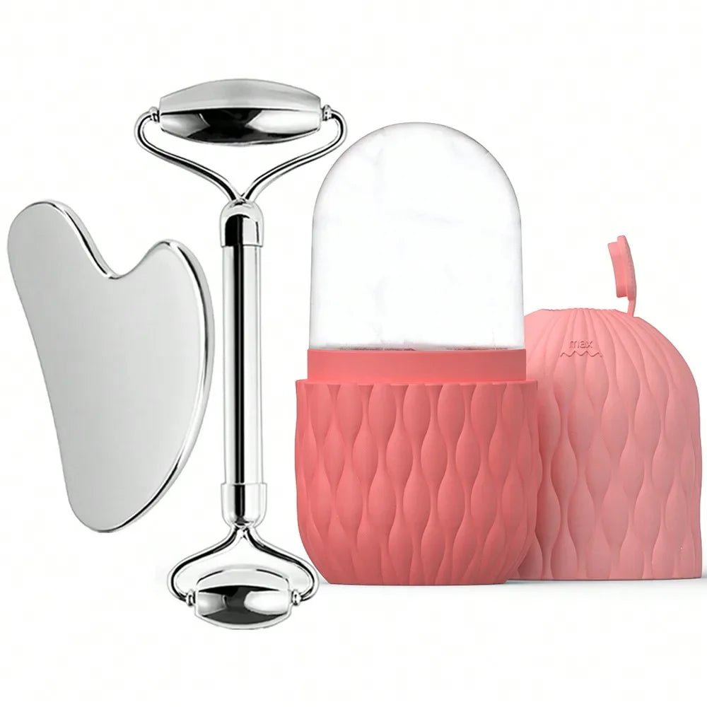 Ice Roller & Stainless Steel Gua Sha Set — Facial Sculpting & De-Puffing Tool