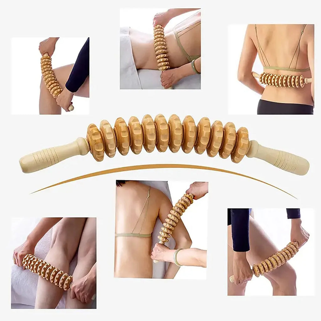 Wooden Body Massage Roller — 12-Wheel Muscle Relief Tool for Legs, Back & Arms