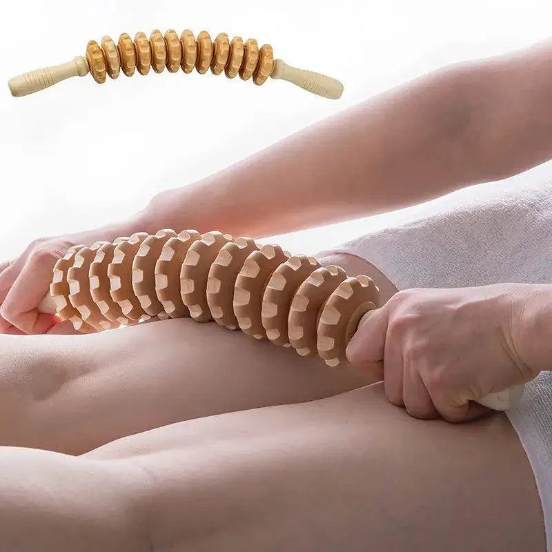 Wooden Body Massage Roller — 12-Wheel Muscle Relief Tool for Legs, Back & Arms
