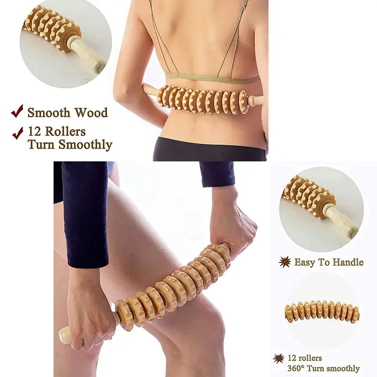Wooden Body Massage Roller — 12-Wheel Muscle Relief Tool for Legs, Back & Arms