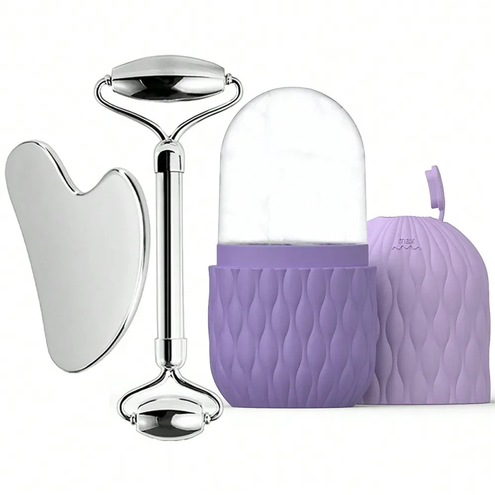 Ice Roller & Stainless Steel Gua Sha Set — Facial Sculpting & De-Puffing Tool