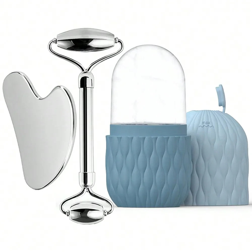 Ice Roller & Stainless Steel Gua Sha Set — Facial Sculpting & De-Puffing Tool