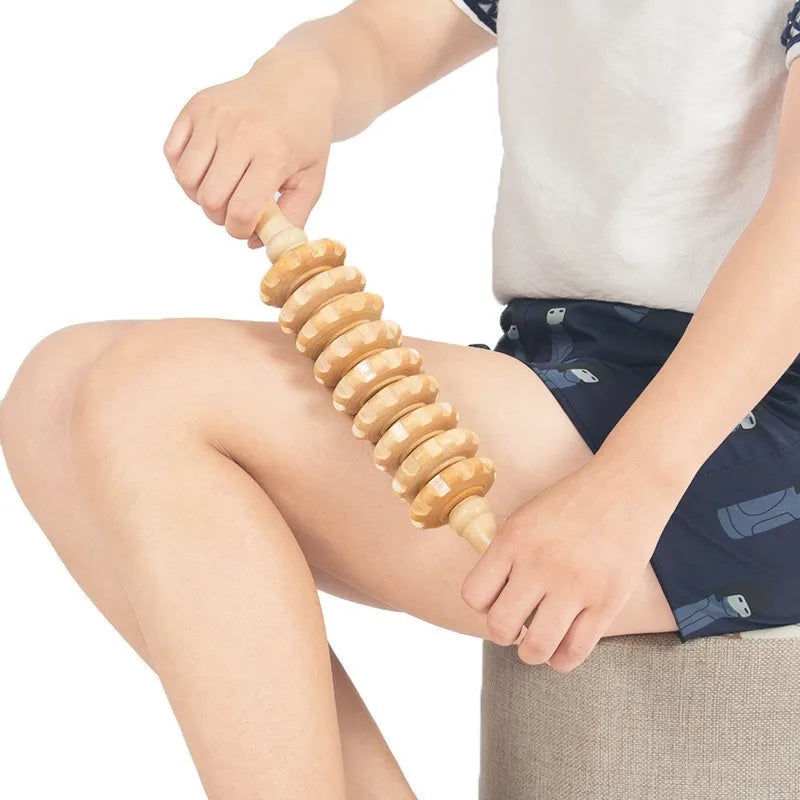 Wooden Body Massage Roller — 12-Wheel Muscle Relief Tool for Legs, Back & Arms