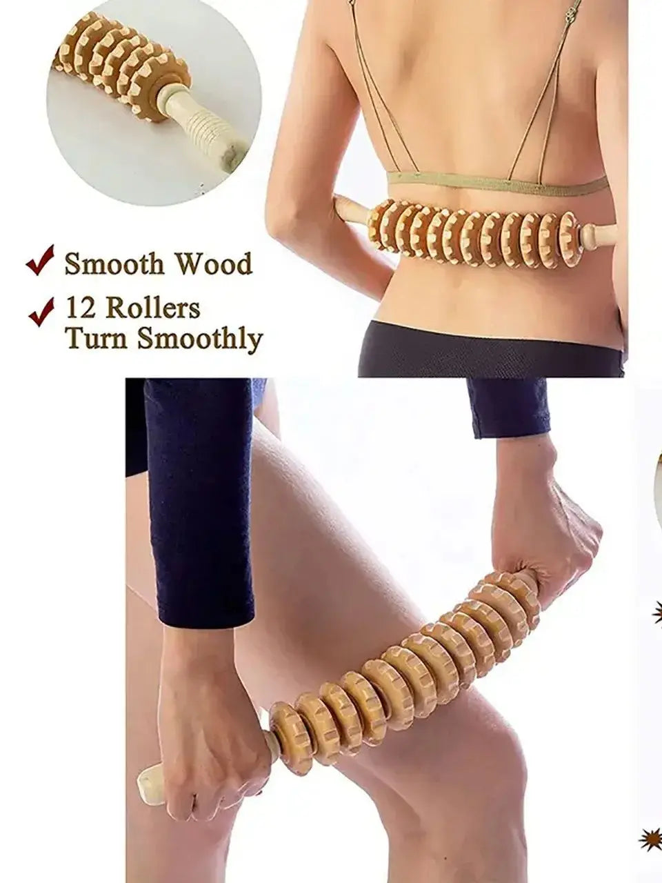 Wooden Body Massage Roller — 12-Wheel Muscle Relief Tool for Legs, Back & Arms